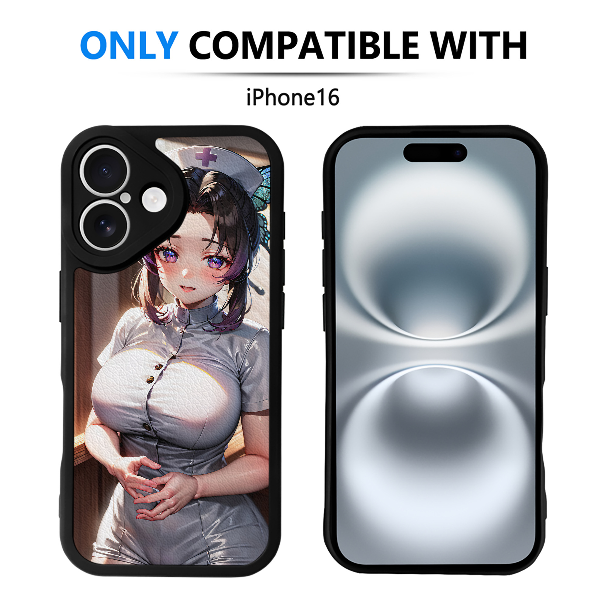 （画像用） 鬼滅の刃（きめつのやいば）蟲柱-胡蝶 しのぶ／こちょう しのぶ Kochou Shinobu 【iPhone 16シリーズ対応】シリコンスマホケース（レザー調） 材質：シリコン